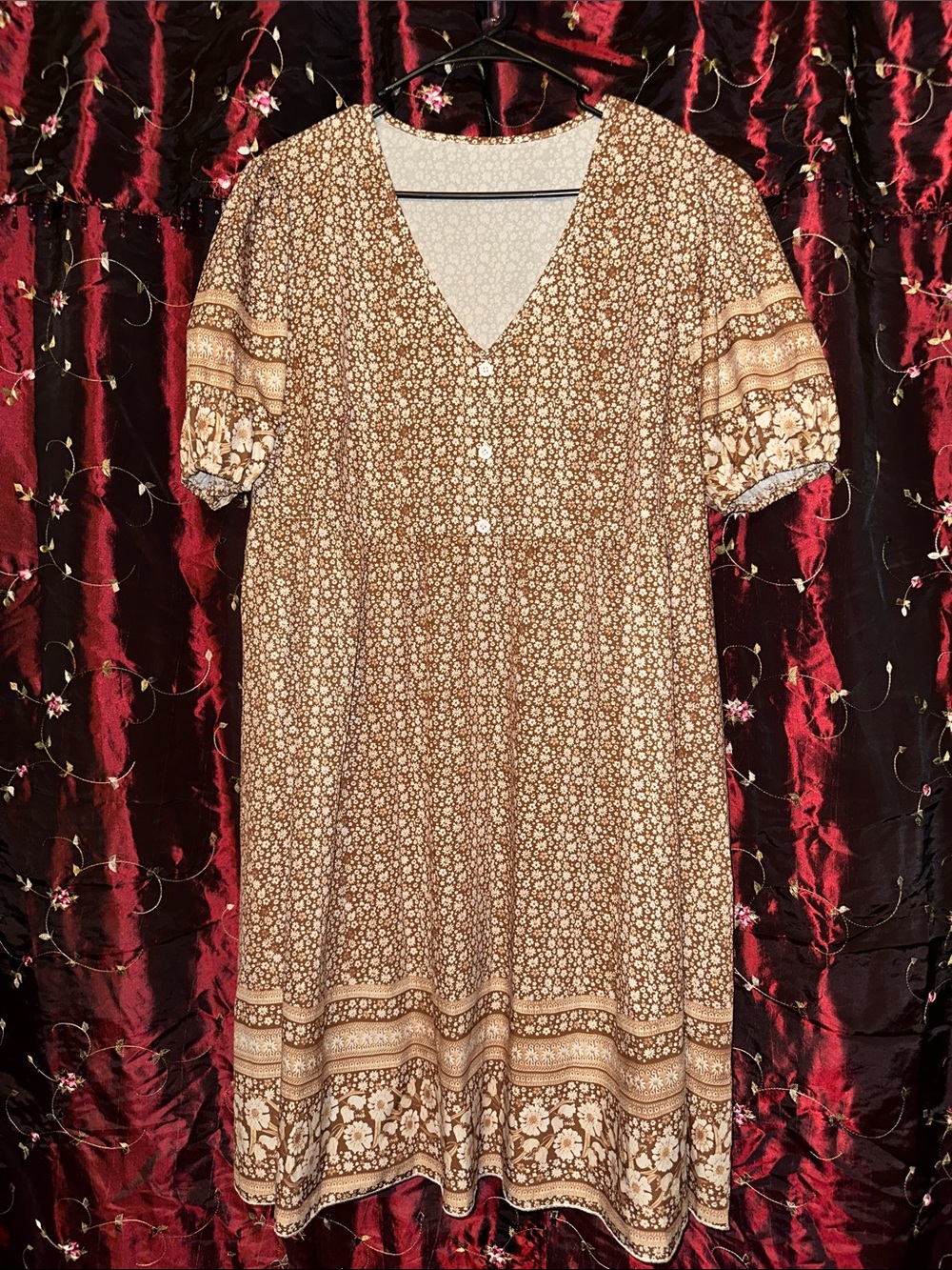SHEIN Brown Floral V-Neck Midi Dress with Puff Sleeves